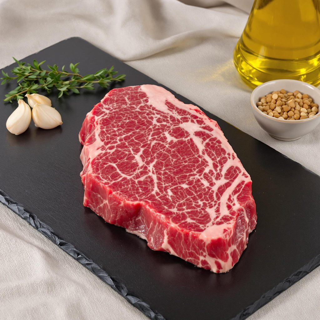 Wagyu with lots of marbling on a black platter